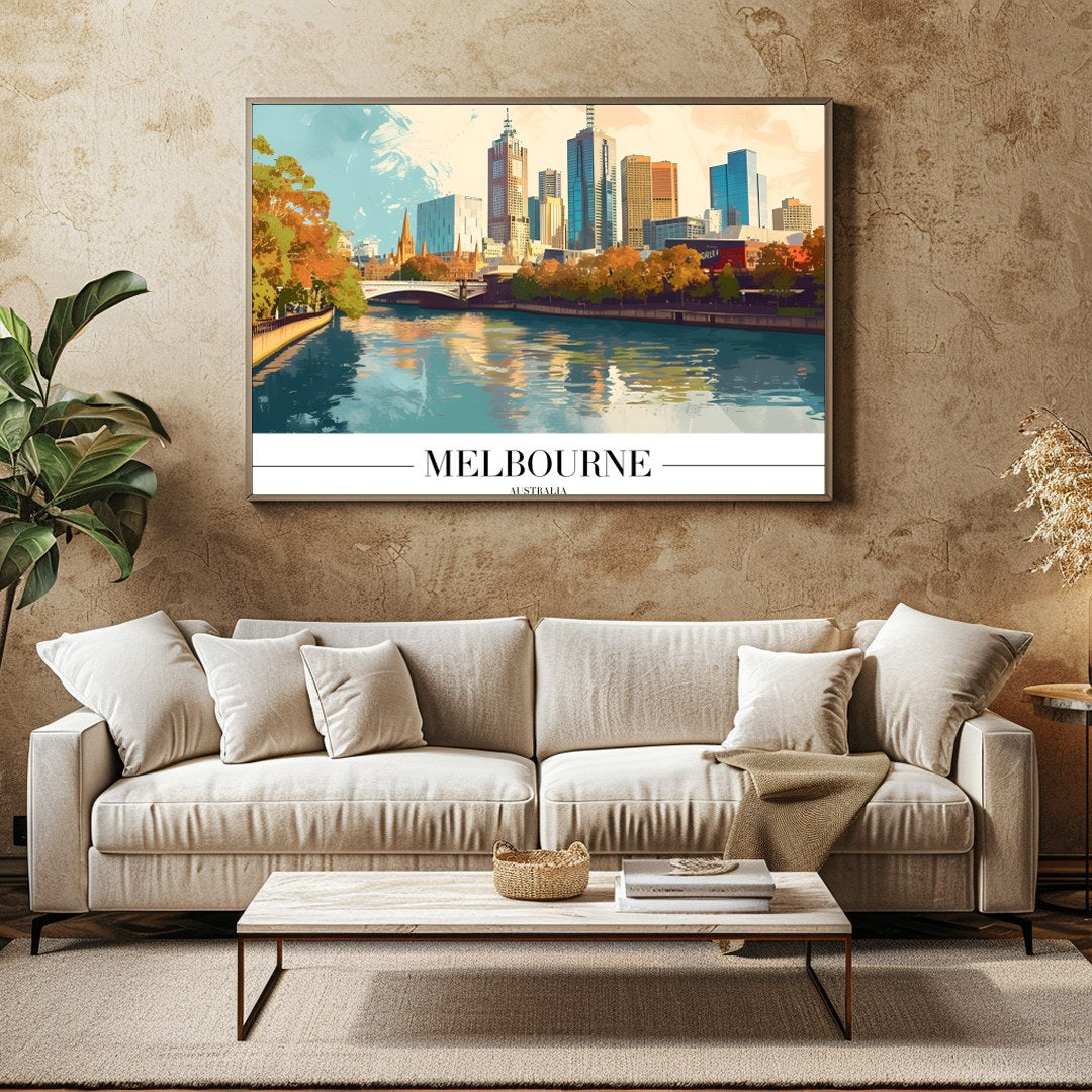 Experience the dynamic beauty of Melbourne with this vibrant skyline art print. Capturing the for Family Room