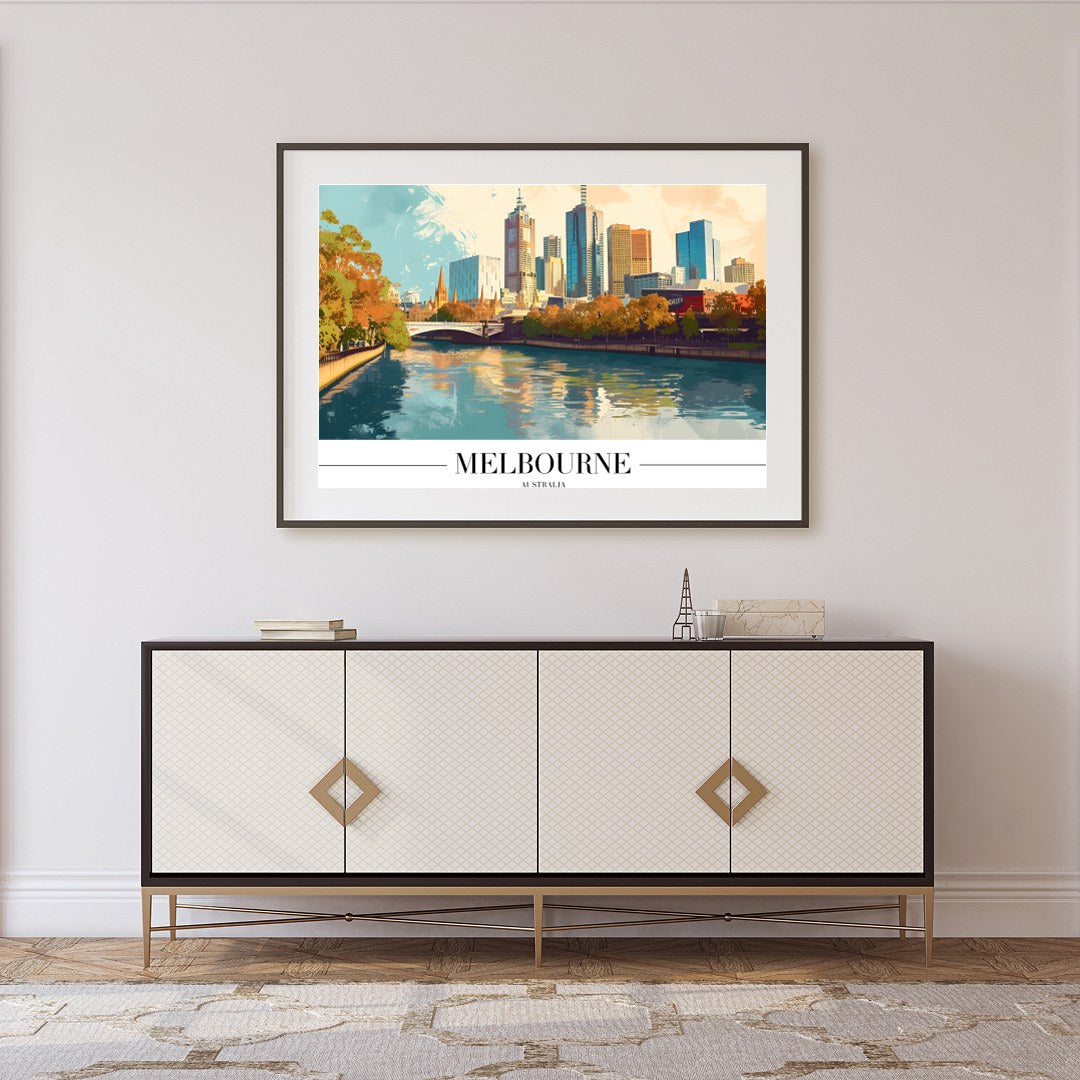 Experience the dynamic beauty of Melbourne with this vibrant skyline art print. Capturing the for Foyer
