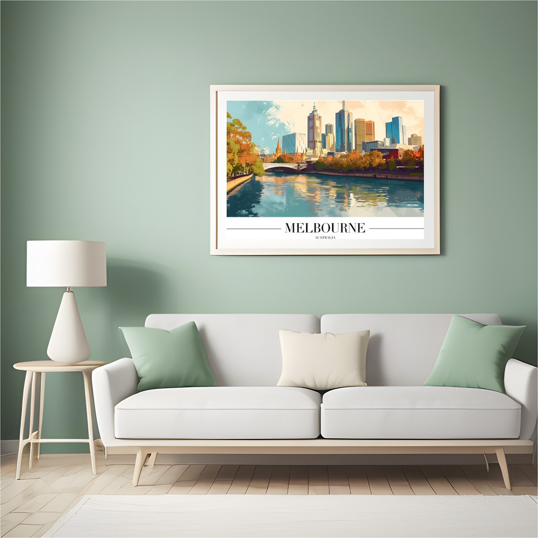 Experience the dynamic beauty of Melbourne with this vibrant skyline art print. Capturing the for Hall