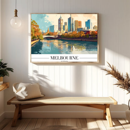 Experience the dynamic beauty of Melbourne with this vibrant skyline art print. Capturing the for Hallway