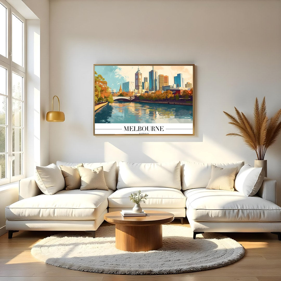 Experience the dynamic beauty of Melbourne with this vibrant skyline art print. Capturing the for Living Room