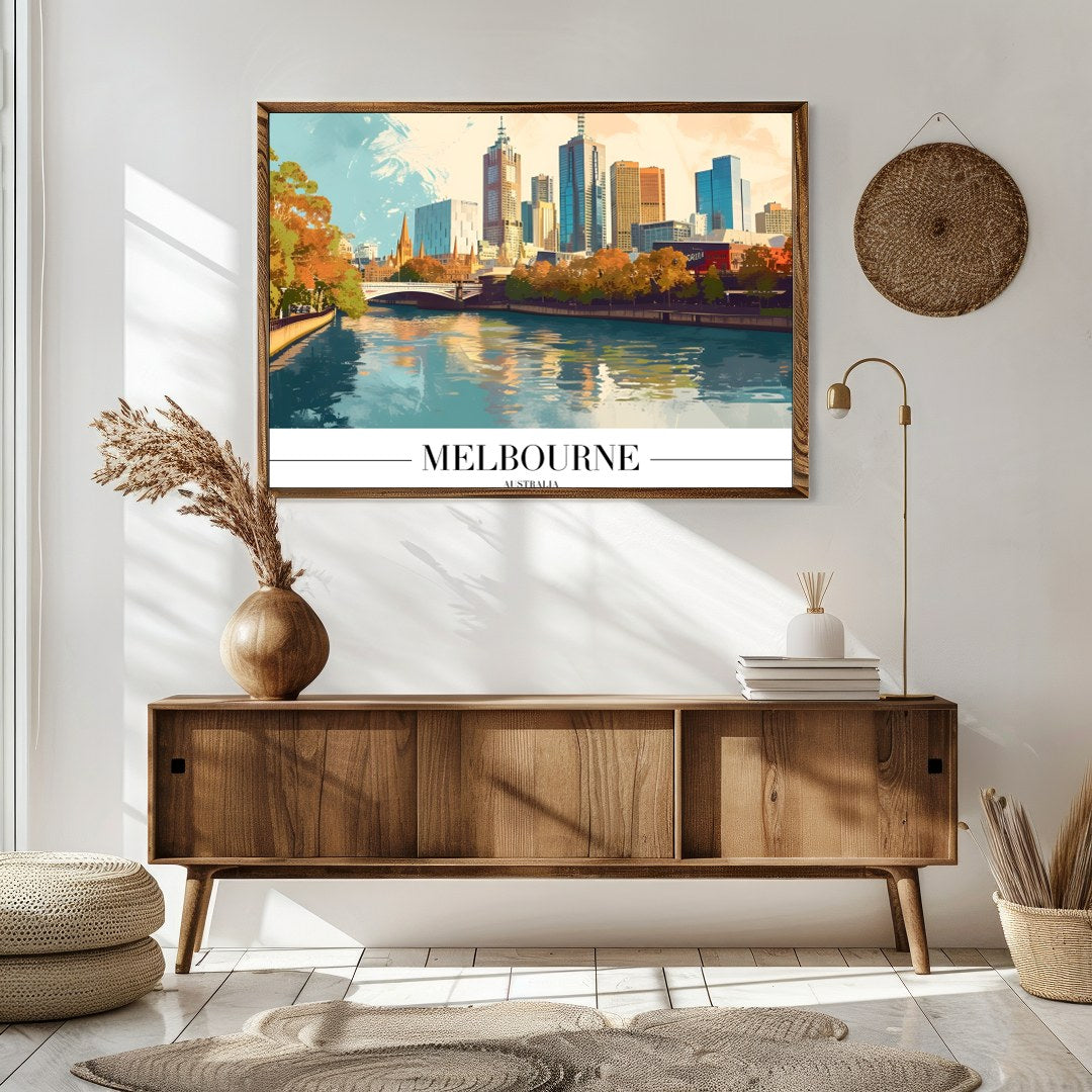 Experience the dynamic beauty of Melbourne with this vibrant skyline art print. Capturing the for Sitting Area