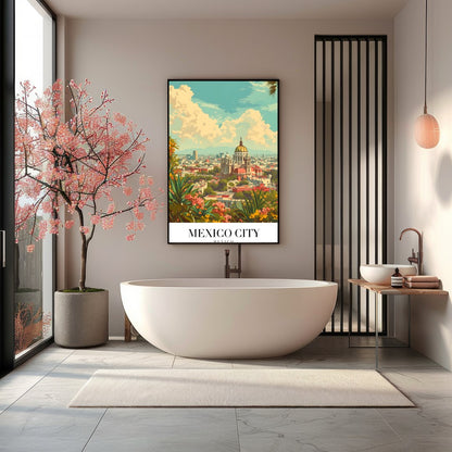 Capture the essence of Mexico City with this vibrant art print, showcasing the dynamic skyline for Bathroom
