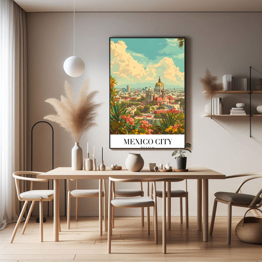 Capture the essence of Mexico City with this vibrant art print, showcasing the dynamic skyline for Dining