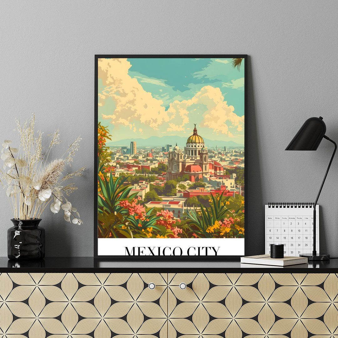 Capture the essence of Mexico City with this vibrant art print, showcasing the dynamic skyline for Shelf