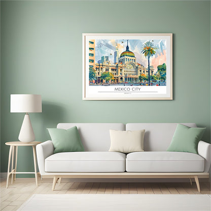 Explore the bustling energy of Mexico City with this vibrant artwork, capturing the blend of for Hall
