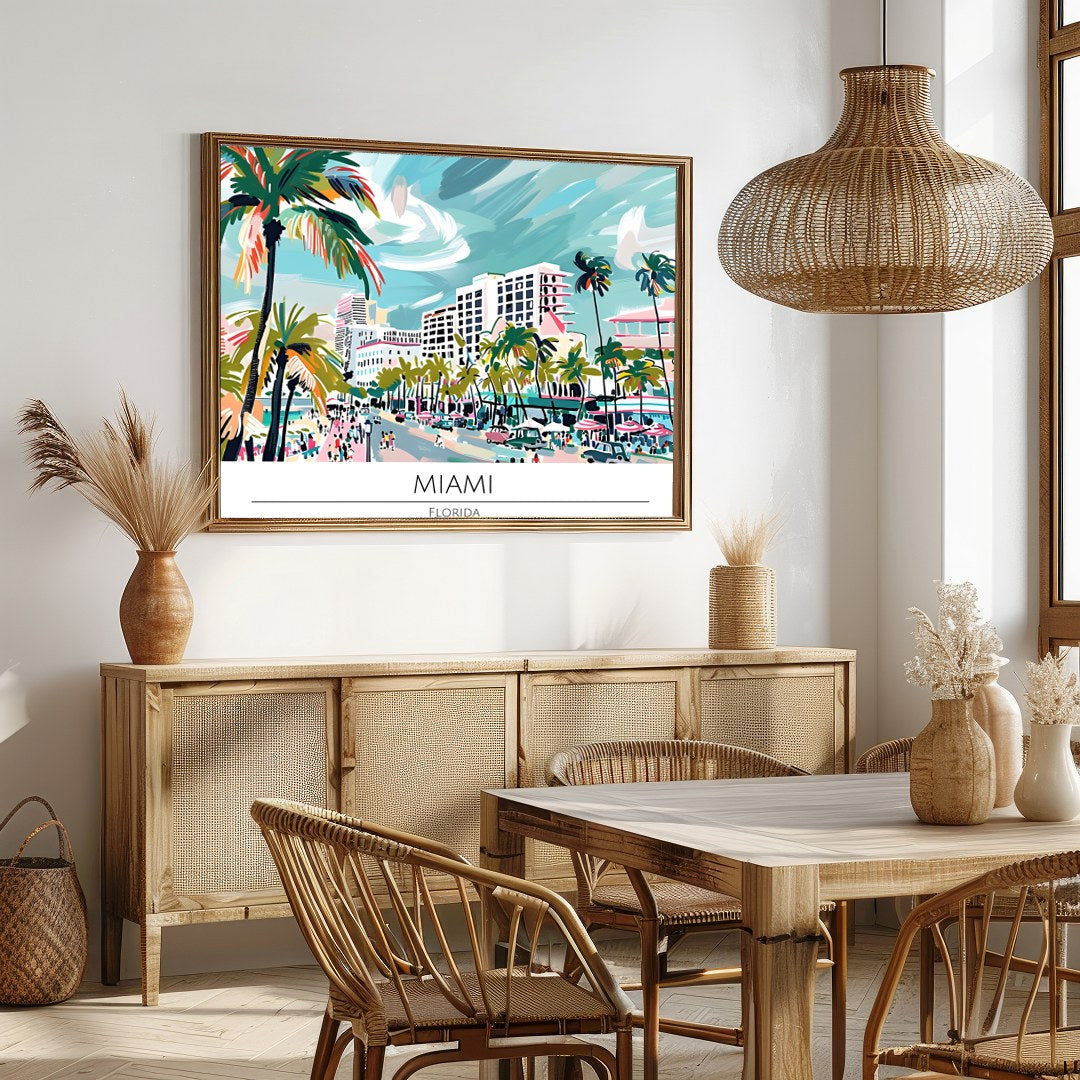 Immerse yourself in the lively spirit of Miami with this captivating beachscape print. The artwork for Dining