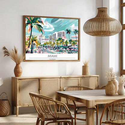 Immerse yourself in the lively spirit of Miami with this captivating beachscape print. The artwork for Dining