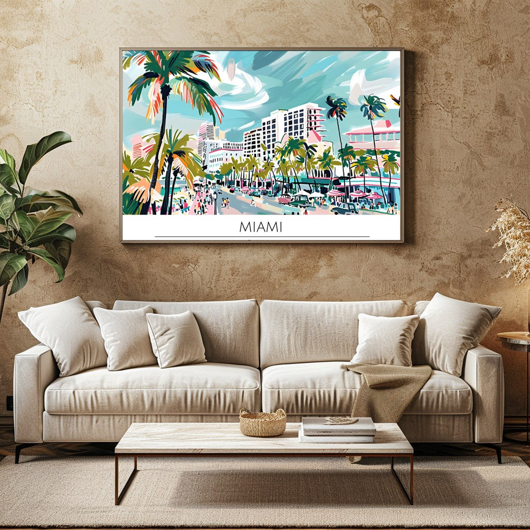 Immerse yourself in the lively spirit of Miami with this captivating beachscape print. The artwork for Family Room