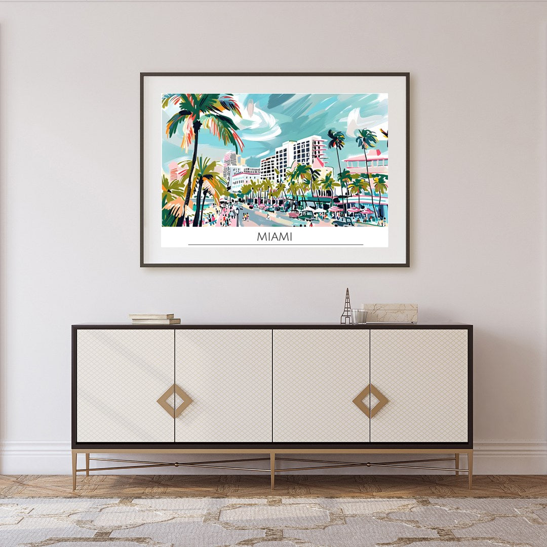Immerse yourself in the lively spirit of Miami with this captivating beachscape print. The artwork for Foyer