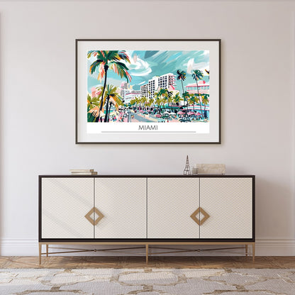 Immerse yourself in the lively spirit of Miami with this captivating beachscape print. The artwork for Foyer