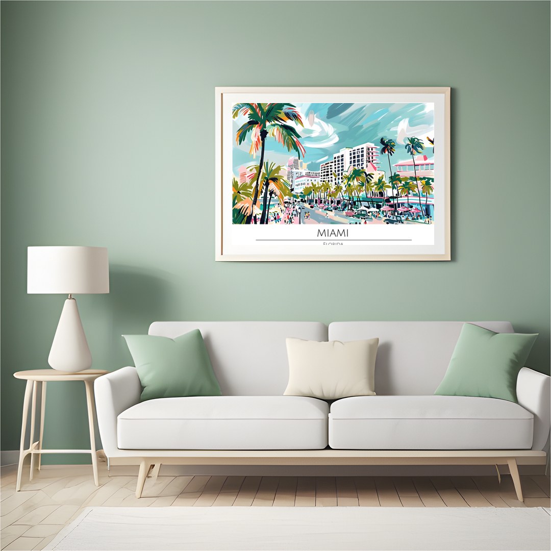 Immerse yourself in the lively spirit of Miami with this captivating beachscape print. The artwork for Hall