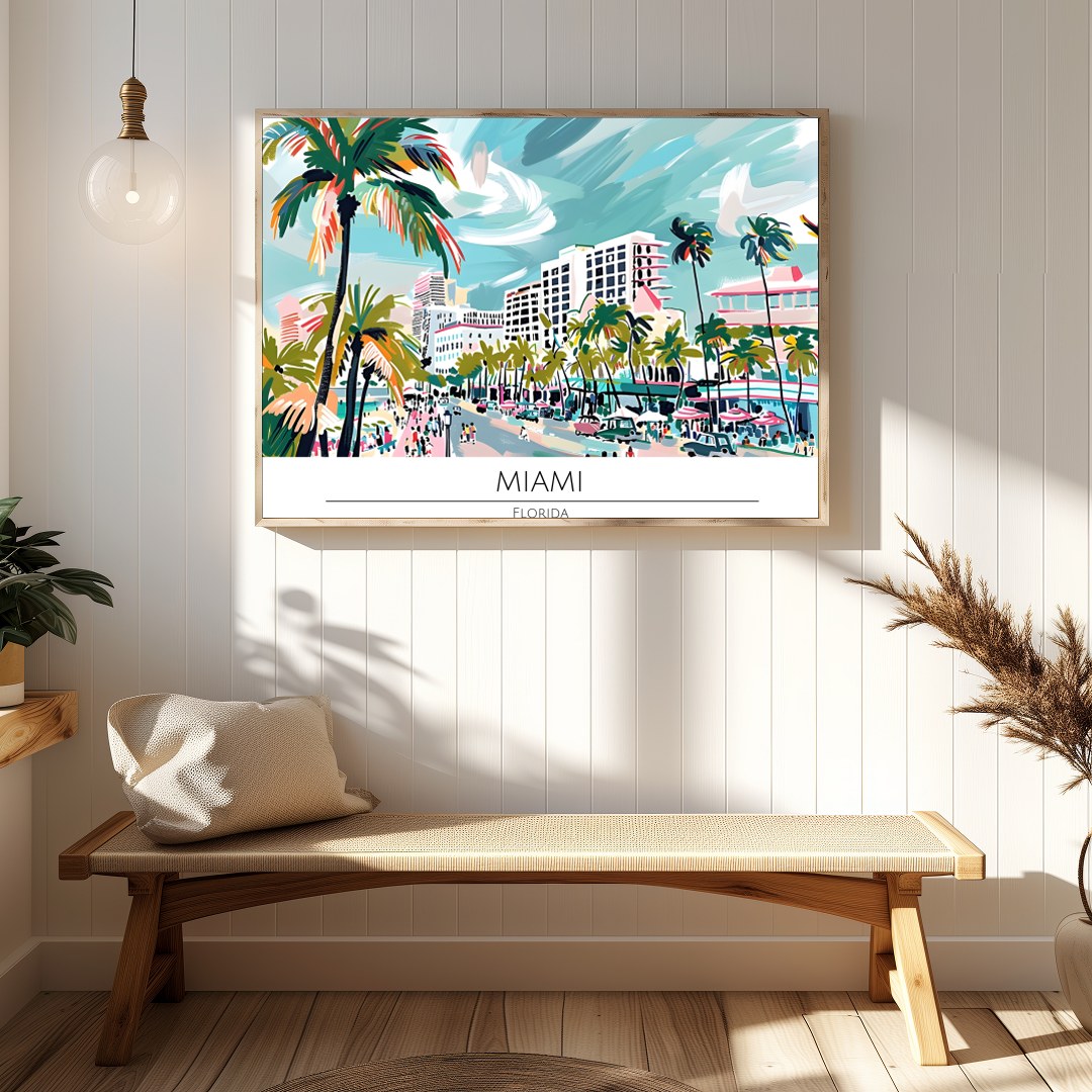 Immerse yourself in the lively spirit of Miami with this captivating beachscape print. The artwork for Hallway