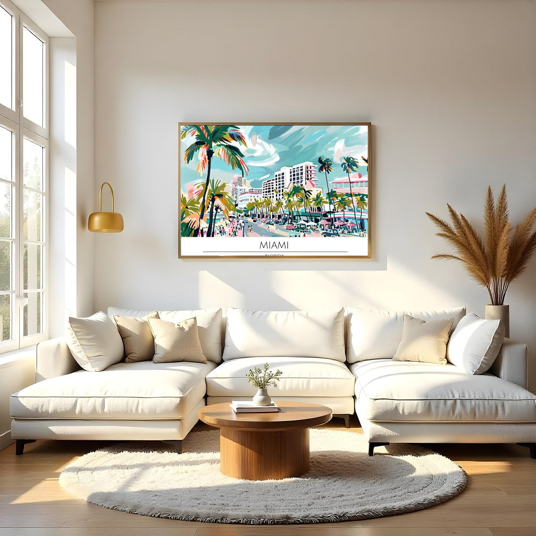 Immerse yourself in the lively spirit of Miami with this captivating beachscape print. The artwork for Living Room