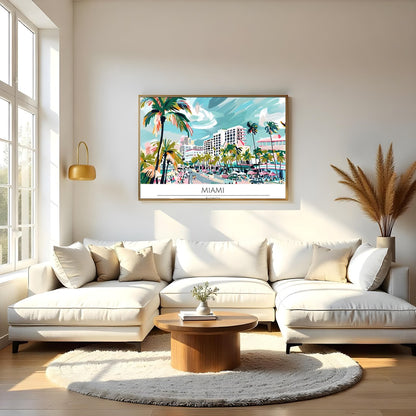 Immerse yourself in the lively spirit of Miami with this captivating beachscape print. The artwork for Living Room