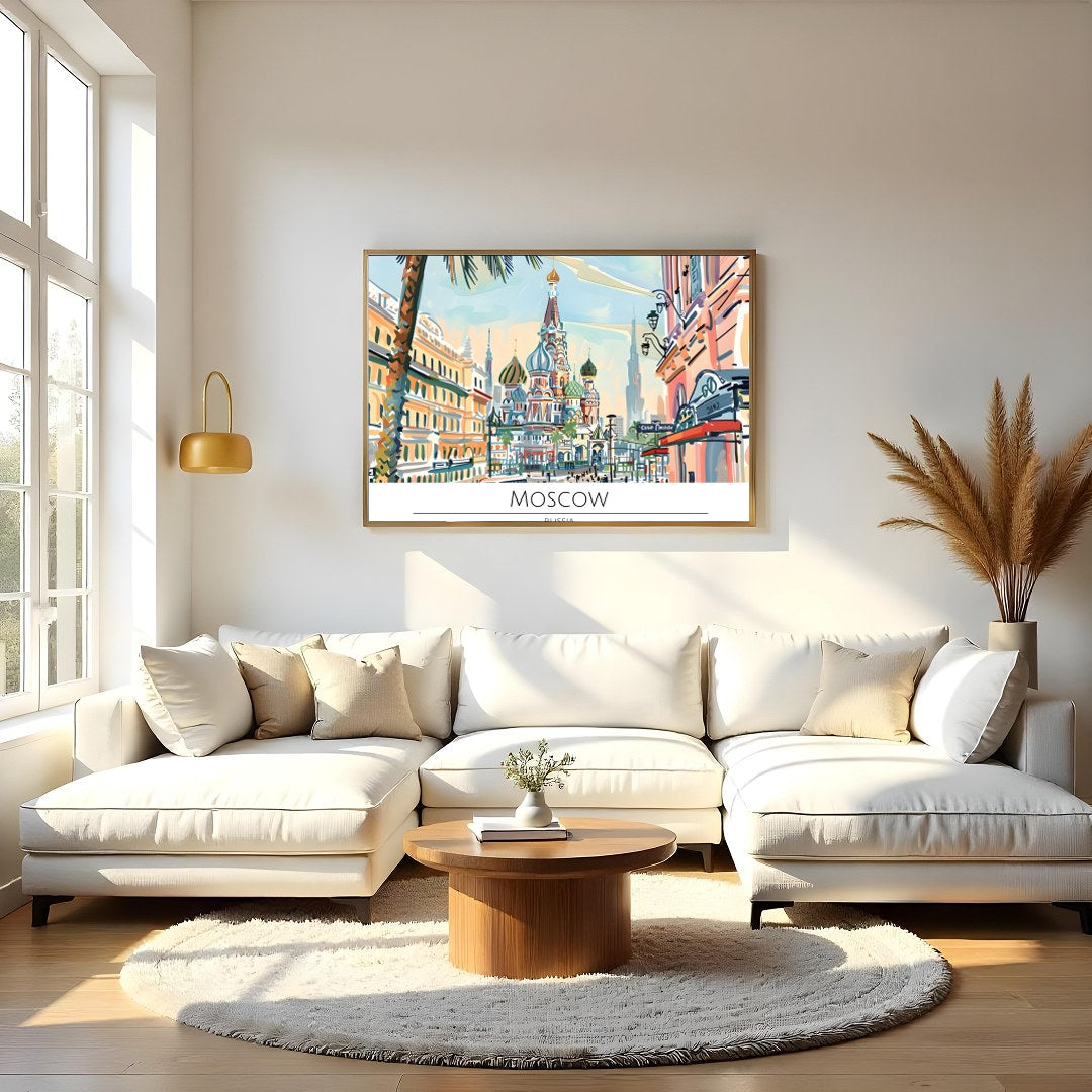 Immerse yourself in the captivating charm of Moscow with this vibrant cityscape artwork. The for Living Room