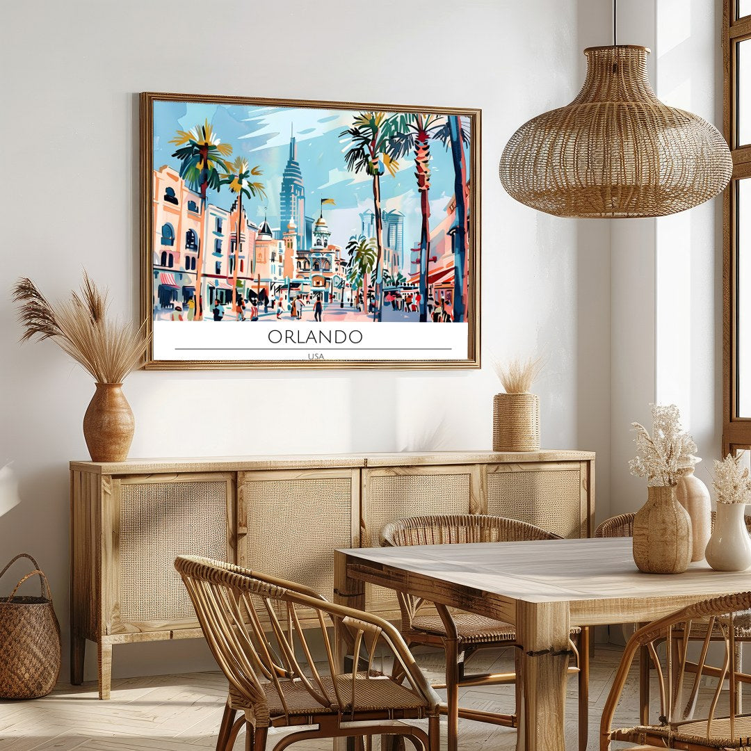 Immerse yourself in the lively atmosphere of Orlando with this colorful cityscape wall art. The for Dining
