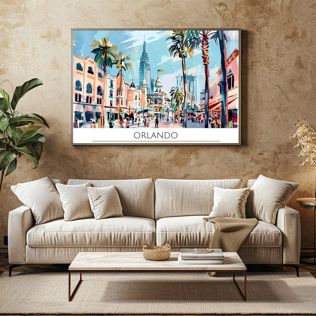 Immerse yourself in the lively atmosphere of Orlando with this colorful cityscape wall art. The for Family Room