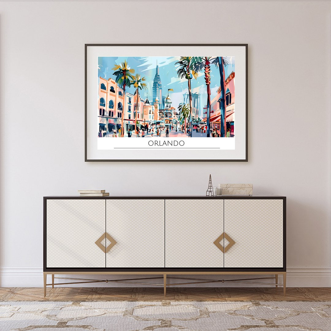 Immerse yourself in the lively atmosphere of Orlando with this colorful cityscape wall art. The for Foyer