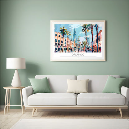 Immerse yourself in the lively atmosphere of Orlando with this colorful cityscape wall art. The for Hall