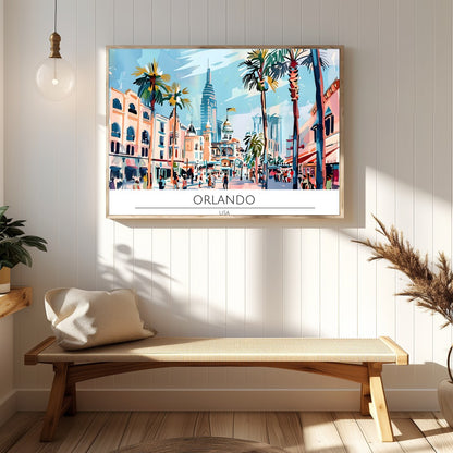 Immerse yourself in the lively atmosphere of Orlando with this colorful cityscape wall art. The for Hallway