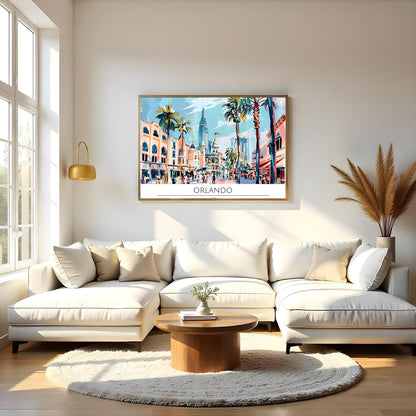 Immerse yourself in the lively atmosphere of Orlando with this colorful cityscape wall art. The for Living Room