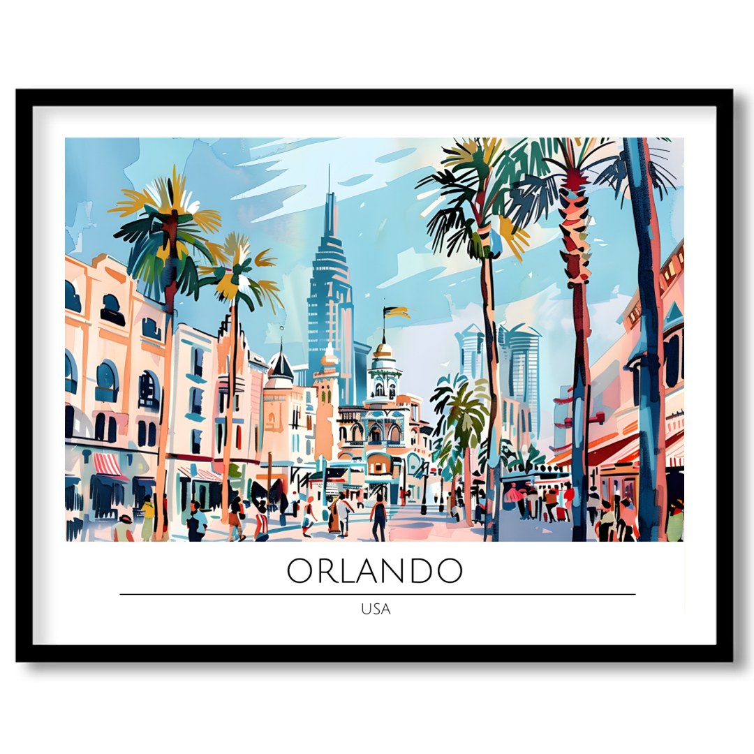 Immerse yourself in the lively atmosphere of Orlando with this colorful cityscape wall art. The for loft