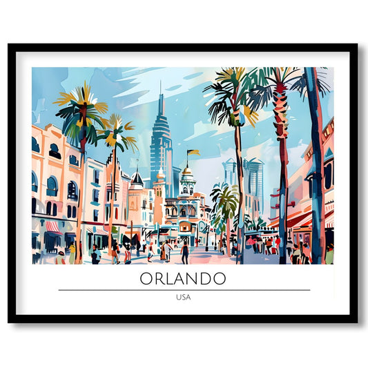 Immerse yourself in the lively atmosphere of Orlando with this colorful cityscape wall art. The for loft