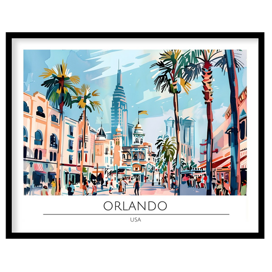 Immerse yourself in the lively atmosphere of Orlando with this colorful cityscape wall art. The for loft