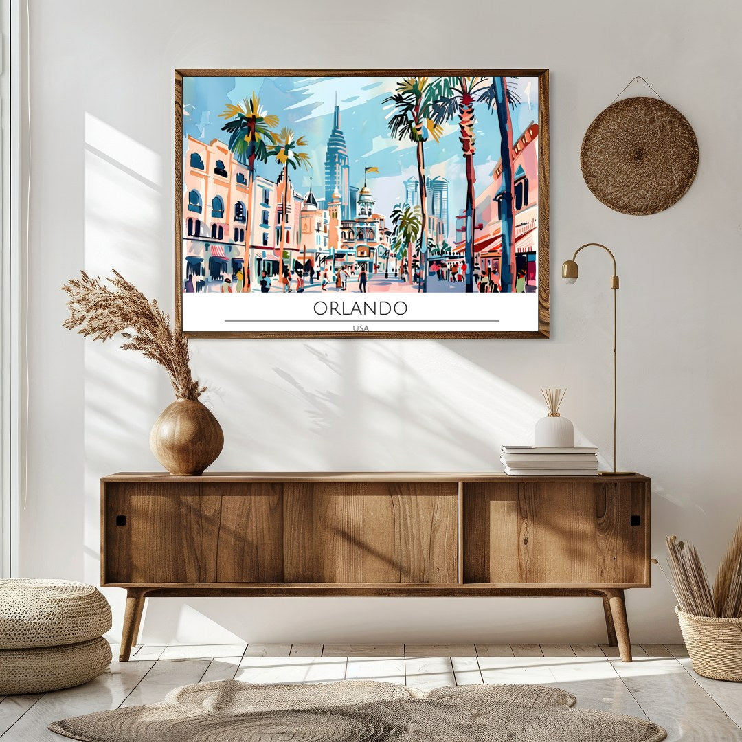 Immerse yourself in the lively atmosphere of Orlando with this colorful cityscape wall art. The for Sitting Area