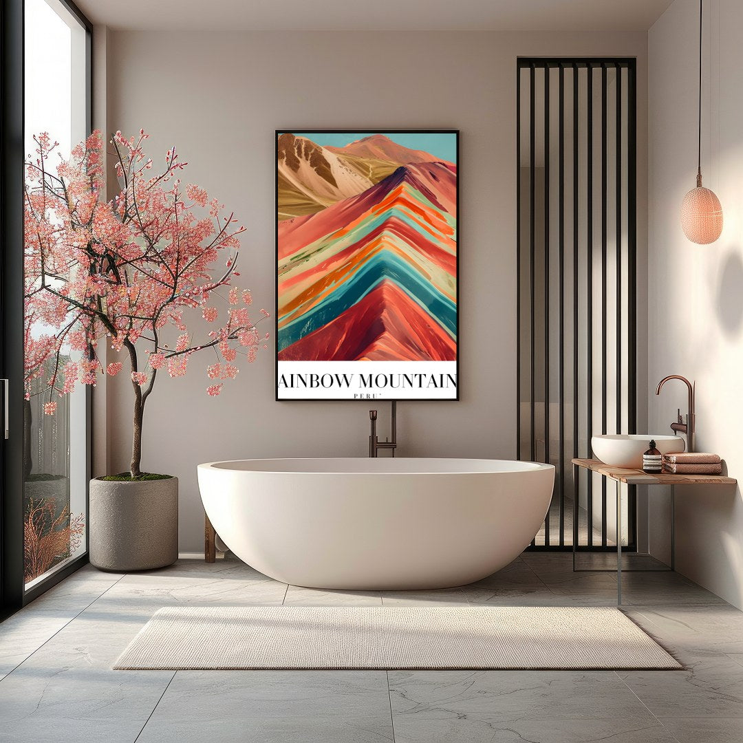 Immerse yourself in the captivating hues of the Rainbow Mountains with this stunning piece. The for Bathroom