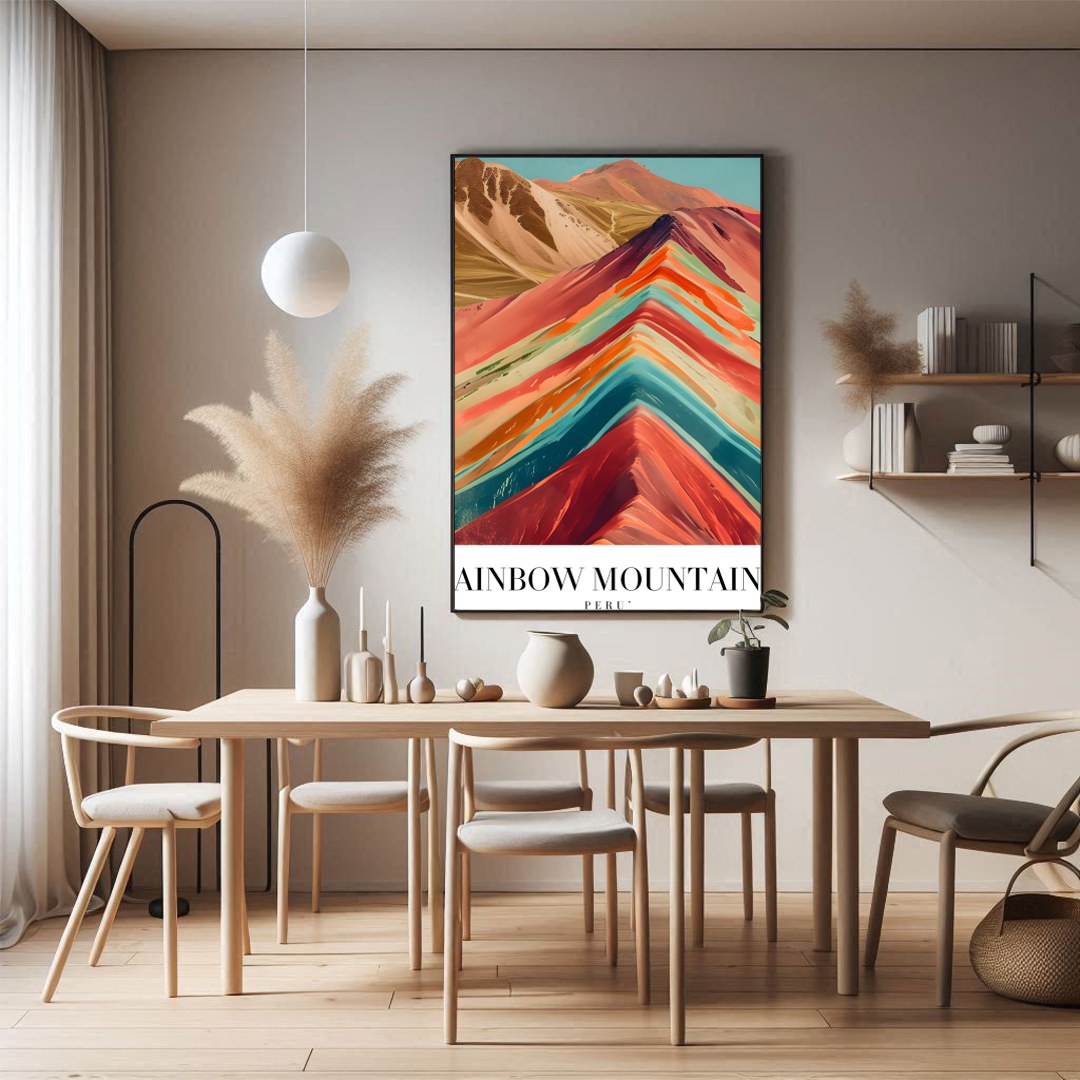 Immerse yourself in the captivating hues of the Rainbow Mountains with this stunning piece. The for Dining