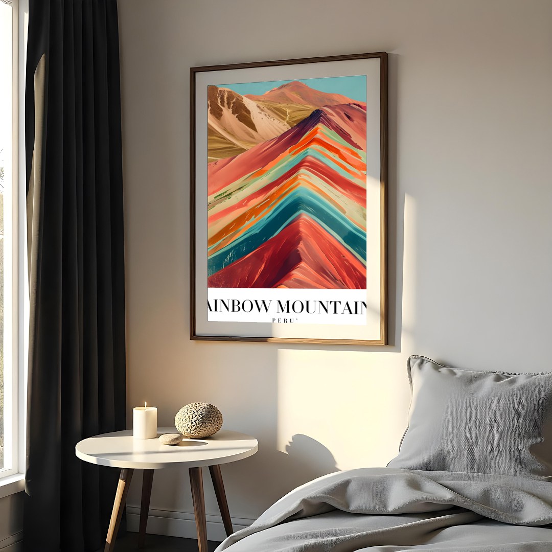 Immerse yourself in the captivating hues of the Rainbow Mountains with this stunning piece. The for retreat