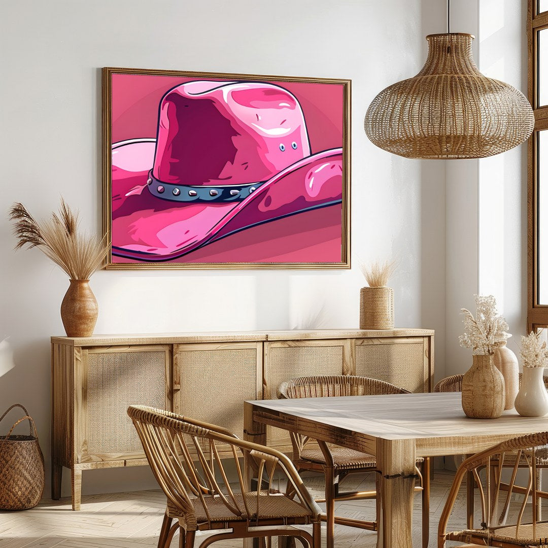 This captivating artwork features a stylish pink cowboy hat against a matching background, for Dining