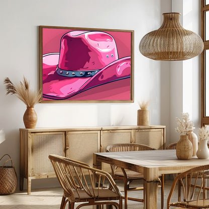 This captivating artwork features a stylish pink cowboy hat against a matching background, for Dining