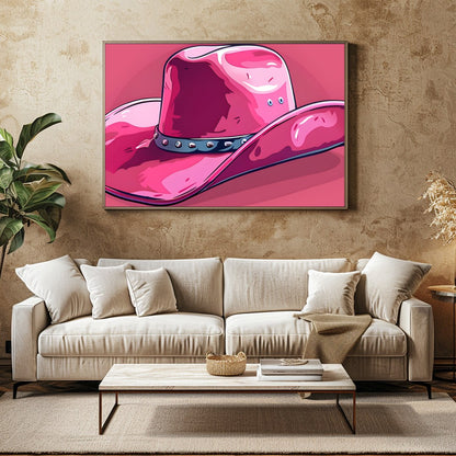 This captivating artwork features a stylish pink cowboy hat against a matching background, for Family Room
