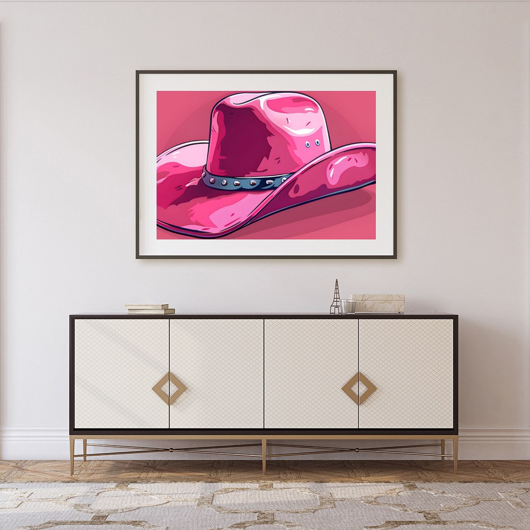 This captivating artwork features a stylish pink cowboy hat against a matching background, for Foyer