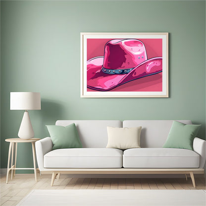 This captivating artwork features a stylish pink cowboy hat against a matching background, for Hall