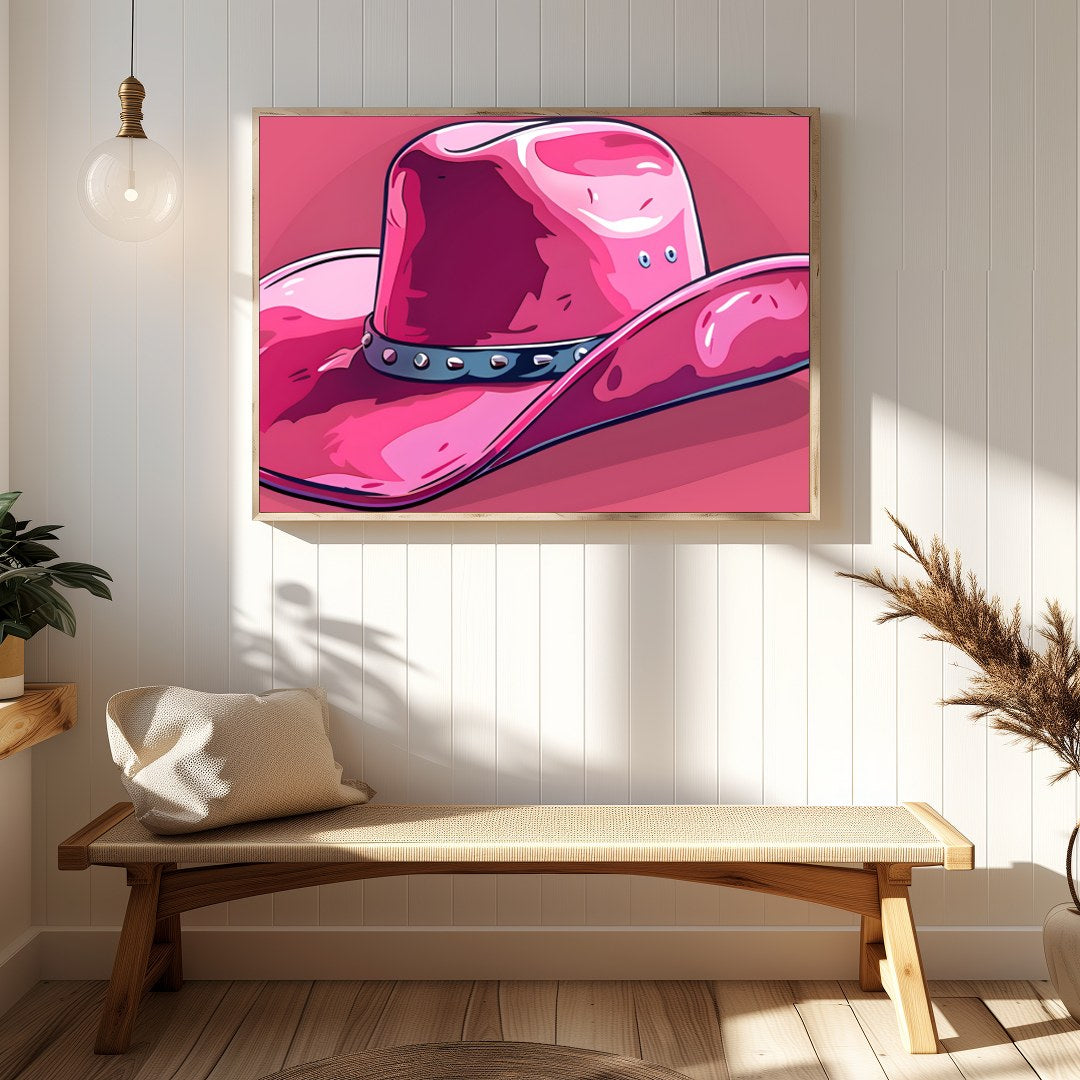 This captivating artwork features a stylish pink cowboy hat against a matching background, for Hallway
