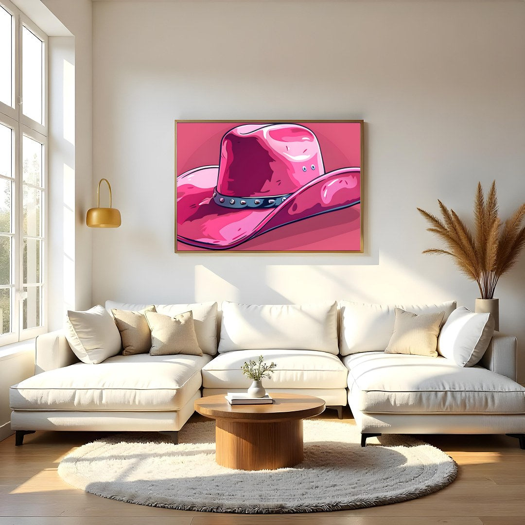 This captivating artwork features a stylish pink cowboy hat against a matching background, for Living Room
