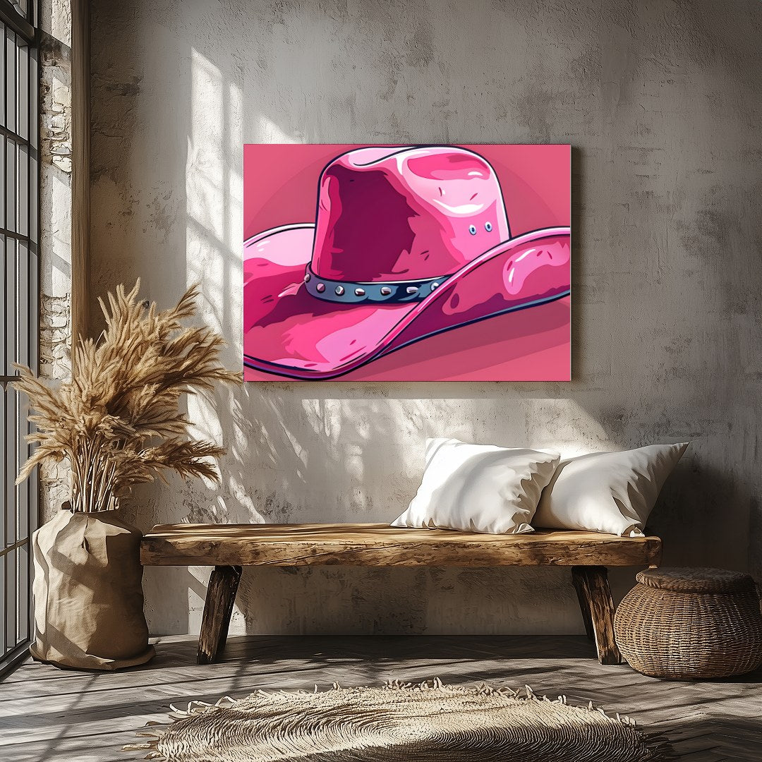 This captivating artwork features a stylish pink cowboy hat against a matching background, for Veranda