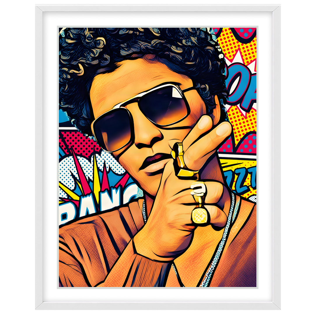 This electrifying pop art piece captures the charisma and energy of a cultural icon. With bold for Base Portrait White