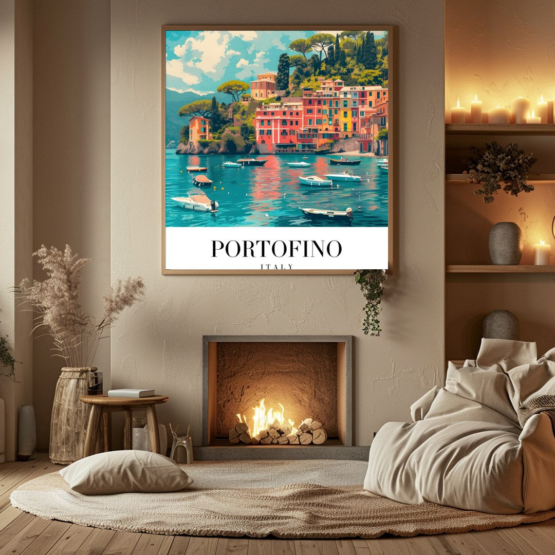 Immerse yourself in the stunning vistas of Portofino, Italy with this vibrant wall art. The artwork for Hall