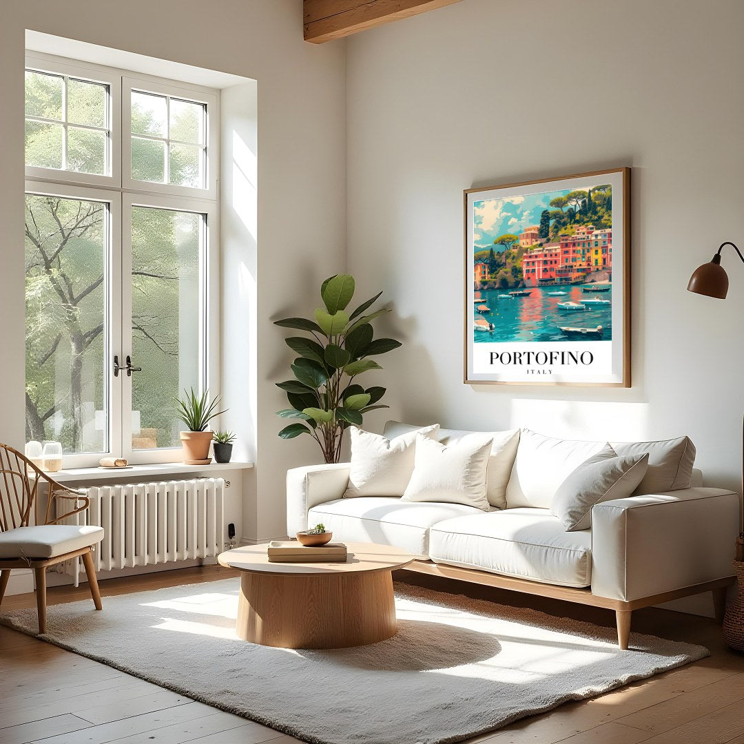 Immerse yourself in the stunning vistas of Portofino, Italy with this vibrant wall art. The artwork for Living Room