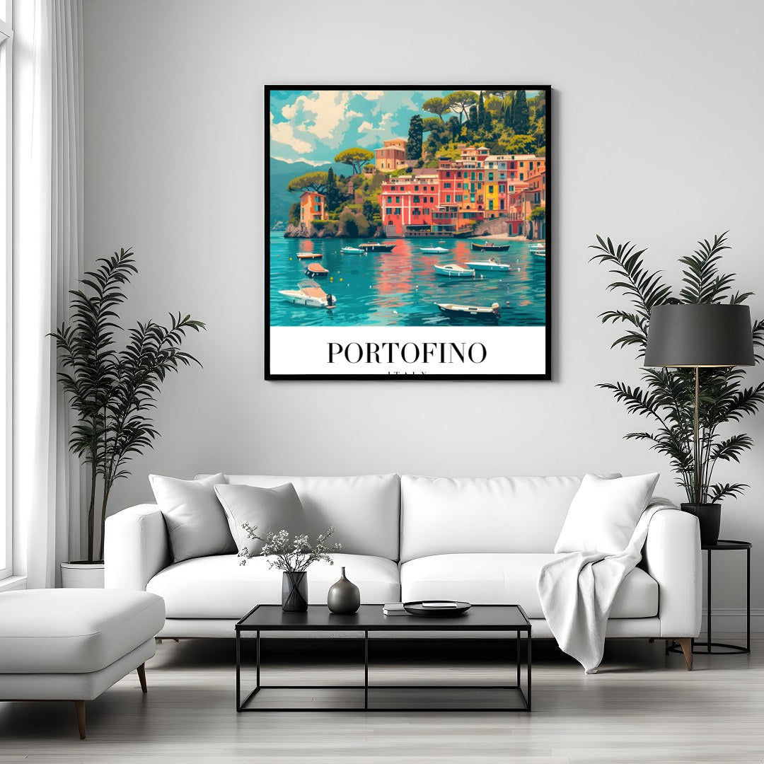 Immerse yourself in the stunning vistas of Portofino, Italy with this vibrant wall art. The artwork for Sitting Area