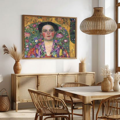 Immerse yourself in this exquisite artwork featuring a striking portrait enveloped in vivid floral for Dining