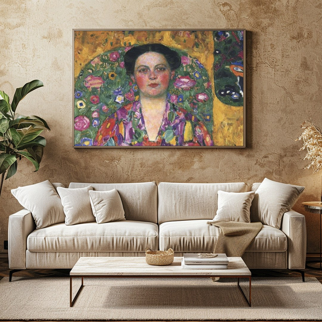 Immerse yourself in this exquisite artwork featuring a striking portrait enveloped in vivid floral for Family Room