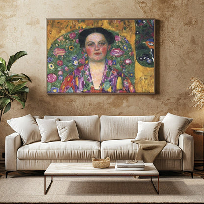 Immerse yourself in this exquisite artwork featuring a striking portrait enveloped in vivid floral for Family Room