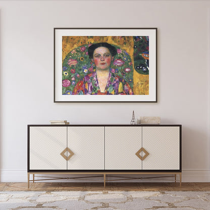 Immerse yourself in this exquisite artwork featuring a striking portrait enveloped in vivid floral for Foyer
