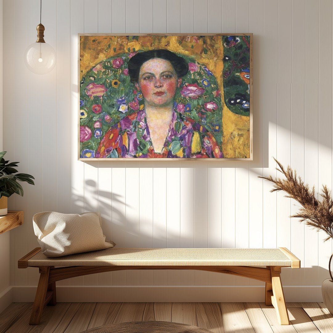 Immerse yourself in this exquisite artwork featuring a striking portrait enveloped in vivid floral for Hallway